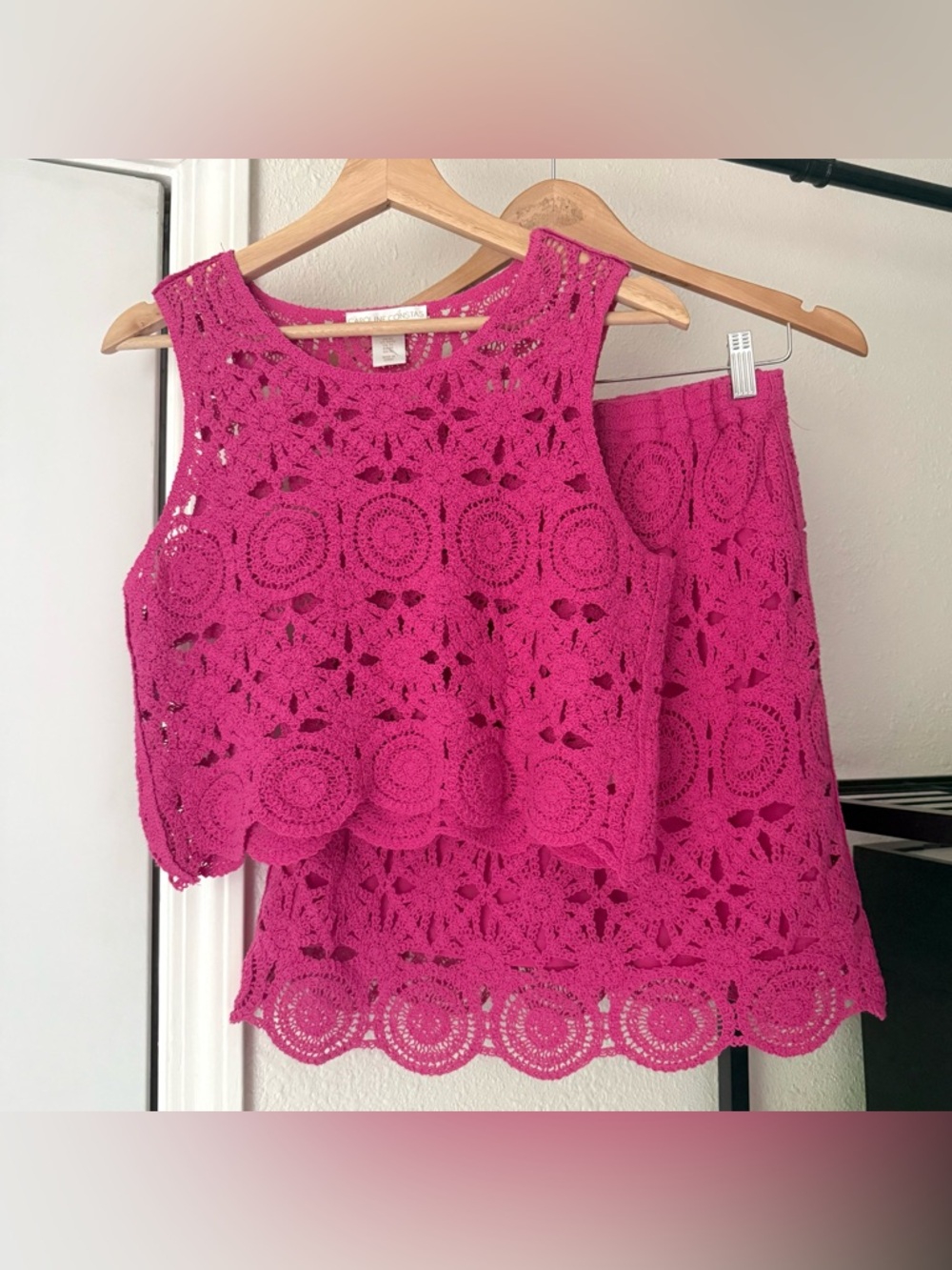 CAROLINE CONSTAS pink fuchsia magenta crochet lace cotton tank mini skirt set